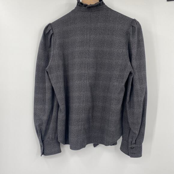 Isabel Marant Etoile Dules Ruffled Shirt Twill Mockneck Cotton Plaid Gray 12 - Picture 6 of 9